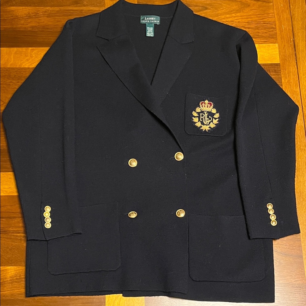 Ralph Lauren - vintage Navy Double-Breasted Wool Cardigan with gold Crest Preppy